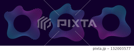 Sound equalizer icons with lines, gradient neon circular sound wave frames, abstract radial music icons. 132003577