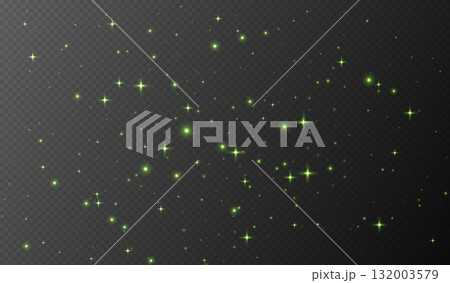 Green sparkling stars, shiny particles light effect, transparent flying stardust texture 132003579