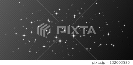 White sparkling stars, shiny particles light effect, transparent flying stardust texture 132003580