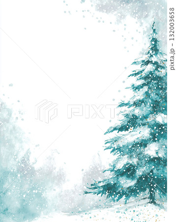 雪の森とツリーの冬背景　青緑の水彩風で描いた幻想的なイラスト 132003658