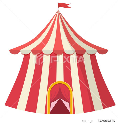 Colorful red and white striped circus tent with flag illustration Colorful red and white striped circus tent with flag illustration 132003813