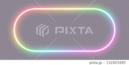 Neon glowing frame, rainbow border light effect, bright illuminated banner. 132003895