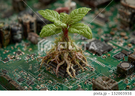 A green tree sprout has taken root on a microchip. The tree is growing out of the processor. A green tree sprout has taken root on a microchip. The tree is growing out of the processor. 132003938