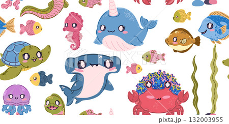Seamless sea pattern. Cute kawaii flat illustrations of sea creatures and fish. Perfect for children's projects, wallpaper, and fabric prints. 132003955