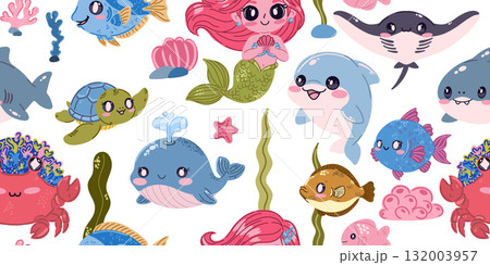 Seamless sea pattern. Cute kawaii flat illustrations of sea creatures and fish. Perfect for children's projects, wallpaper, and fabric prints. 132003957