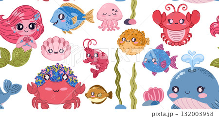 Seamless sea pattern. Cute kawaii flat illustrations of sea creatures and fish. Perfect for children's projects, wallpaper, and fabric prints. 132003958