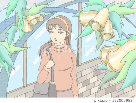 女性・レディース - 街角・オブジェ・鐘・葉っぱ・ウィンドウショッピング 132003982