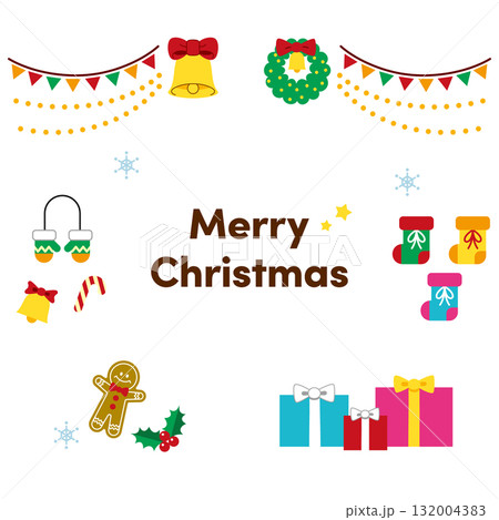 かわいいクリスマスイラストセット（飾り・ベル・リース・ガーランド・プレゼント）文字あり背景なし 132004383