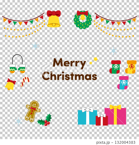 かわいいクリスマスイラストセット（飾り・ベル・リース・ガーランド・プレゼント）文字あり背景なし 132004383