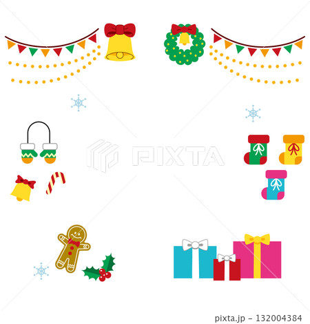 かわいいクリスマスイラストセット(飾り・ベル・リース・ガーランド・プレゼント)文字なし背景なし かわいいクリスマスイラストセット(飾り・ベル・リース・ガーランド・プレゼント)文字なし背景なし 132004384
