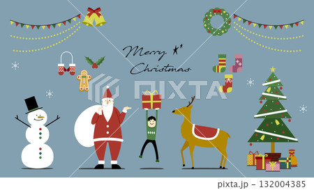 おしゃれなクリスマスイラストセット(サンタ・トナカイ・プレゼント・ツリー・雪だるま)文字あり背景あり おしゃれなクリスマスイラストセット(サンタ・トナカイ・プレゼント・ツリー・雪だるま)文字あり背景あり 132004385