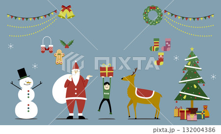 おしゃれなクリスマスイラストセット（サンタ・トナカイ・プレゼント・ツリー・雪だるま）文字なし背景あり 132004386