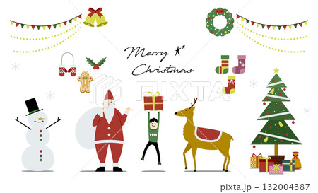 おしゃれなクリスマスイラストセット(サンタ・トナカイ・プレゼント・ツリー・雪だるま)文字あり背景なし おしゃれなクリスマスイラストセット(サンタ・トナカイ・プレゼント・ツリー・雪だるま)文字あり背景なし 132004387