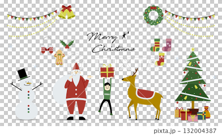 おしゃれなクリスマスイラストセット(サンタ・トナカイ・プレゼント・ツリー・雪だるま)文字あり背景なし おしゃれなクリスマスイラストセット(サンタ・トナカイ・プレゼント・ツリー・雪だるま)文字あり背景なし 132004387