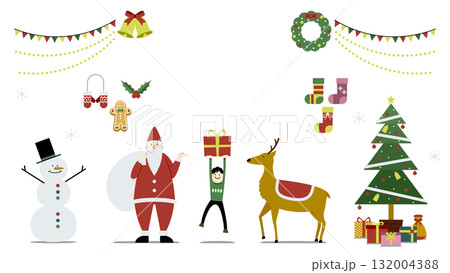 おしゃれなクリスマスイラストセット(サンタ・トナカイ・プレゼント・ツリー・雪だるま)文字なし背景なし おしゃれなクリスマスイラストセット(サンタ・トナカイ・プレゼント・ツリー・雪だるま)文字なし背景なし 132004388
