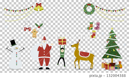 おしゃれなクリスマスイラストセット(サンタ・トナカイ・プレゼント・ツリー・雪だるま)文字なし背景なし おしゃれなクリスマスイラストセット(サンタ・トナカイ・プレゼント・ツリー・雪だるま)文字なし背景なし 132004388