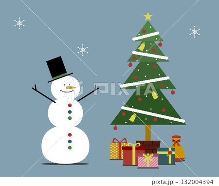 おしゃれなクリスマスイラストセット（プレゼント・ツリー・雪だるま）文字なし背景あり 132004394