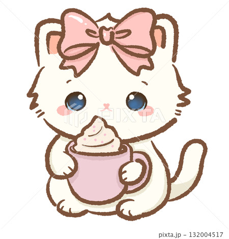 Cute white cat with pink bow holding cup of hot cocoa with whipped cream kawaii kitten holiday drink illustration pastel coquette Christmas art cozy winter dessert design Cute white cat with pink bow holding cup of hot cocoa with whipped cream kawaii kitten holiday drink illustration pastel coquette Christmas art cozy winter dessert design 132004517