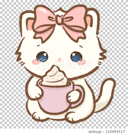 Cute white cat with pink bow holding cup of hot cocoa with whipped cream kawaii kitten holiday drink illustration pastel coquette Christmas art cozy winter dessert design 132004517