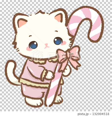 Adorable white cat in pink pajamas holding big striped candy cane with ribbon bow kawaii kitten holiday illustration pastel coquette Christmas art cozy festive design 132004518
