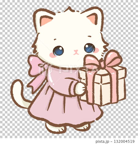 Sweet white cat in pink dress with ribbon bow holding Christmas present kawaii kitten holiday illustration pastel coquette Christmas art cozy winter festive design 132004519