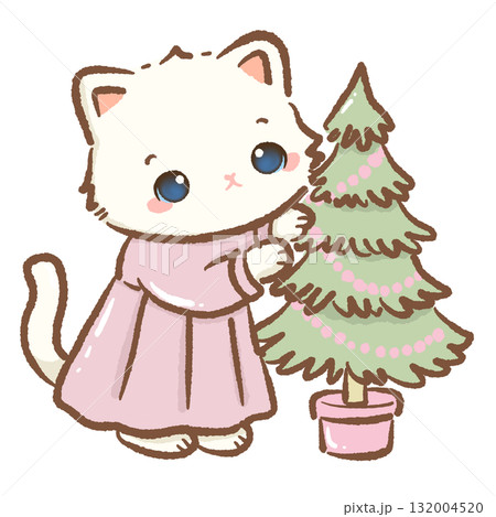 Cute white cat decorating pastel Christmas tree with pink ornaments kawaii kitten holiday illustration coquette Christmas art cozy winter festive design 132004520