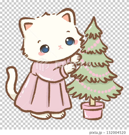 Cute white cat decorating pastel Christmas tree with pink ornaments kawaii kitten holiday illustration coquette Christmas art cozy winter festive design 132004520