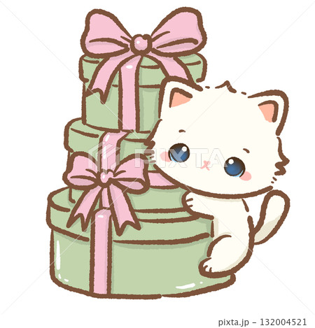 Cute white cat climbing green pastel Christmas gift boxes with pink bows kawaii kitten holiday present illustration coquette Christmas art cozy winter festive design 132004521