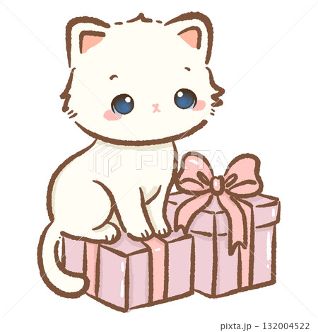 Adorable white cat sitting on pink Christmas presents with ribbon bows kawaii kitten holiday illustration coquette Christmas art pastel festive winter design Adorable white cat sitting on pink Christmas presents with ribbon bows kawaii kitten holiday illustration coquette Christmas art pastel festive winter design 132004522