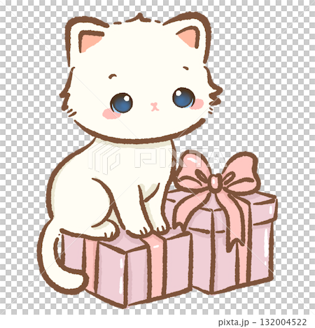 Adorable white cat sitting on pink Christmas presents with ribbon bows kawaii kitten holiday illustration coquette Christmas art pastel festive winter design Adorable white cat sitting on pink Christmas presents with ribbon bows kawaii kitten holiday illustration coquette Christmas art pastel festive winter design 132004522