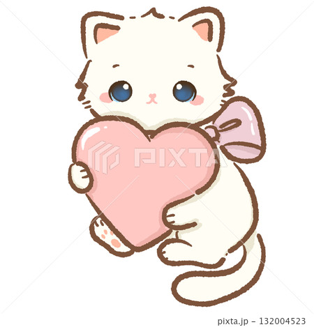 Adorable white cat holding big pink heart with ribbon bow kawaii kitten sweet love illustration pastel coquette Christmas art cute cozy winter character design 132004523