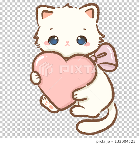 Adorable white cat holding big pink heart with ribbon bow kawaii kitten sweet love illustration pastel coquette Christmas art cute cozy winter character design 132004523