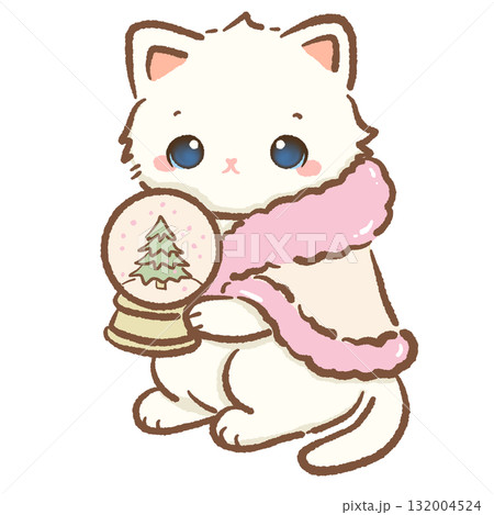 Charming white cat wrapped in pink cape holding snow globe with Christmas tree kawaii kitten holiday illustration coquette Christmas art cozy winter festive design 132004524