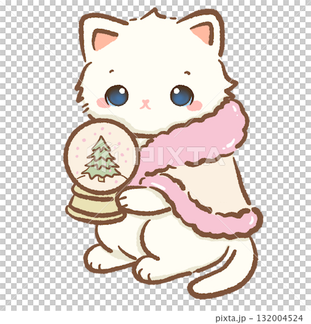 Charming white cat wrapped in pink cape holding snow globe with Christmas tree kawaii kitten holiday illustration coquette Christmas art cozy winter festive design 132004524