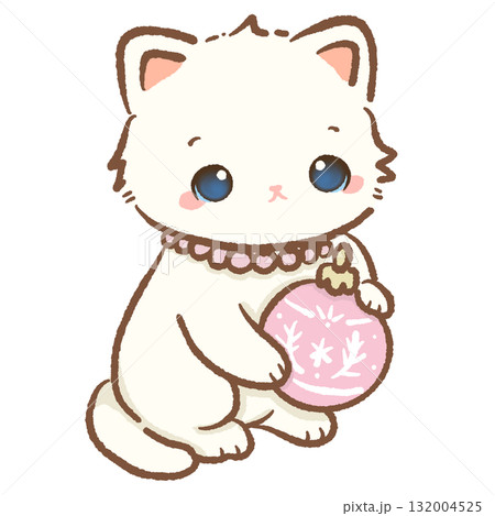 Cute white cat holding pink Christmas ornament ball with snowflake design kawaii kitten holiday illustration pastel coquette Christmas art cozy festive winter design Cute white cat holding pink Christmas ornament ball with snowflake design kawaii kitten holiday illustration pastel coquette Christmas art cozy festive winter design 132004525
