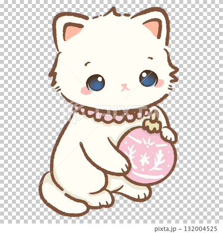 Cute white cat holding pink Christmas ornament ball with snowflake design kawaii kitten holiday illustration pastel coquette Christmas art cozy festive winter design Cute white cat holding pink Christmas ornament ball with snowflake design kawaii kitten holiday illustration pastel coquette Christmas art cozy festive winter design 132004525