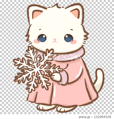 Adorable white cat wearing pink coat holding big snowflake kawaii kitten winter holiday illustration pastel coquette Christmas art cozy festive cute character design Adorable white cat wearing pink coat holding big snowflake kawaii kitten winter holiday illustration pastel coquette Christmas art cozy festive cute character design 132004526