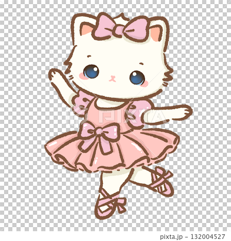 Cute white cat in pink tutu dress dancing ballet kawaii kitten ballerina with bow pastel coquette Christmas art graceful dance girl character winter festive illustration 132004527