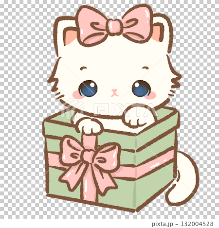 Sweet white cat with pink bow peeking out of green Christmas gift box kawaii kitten holiday surprise illustration coquette Christmas pastel festive winter art 132004528