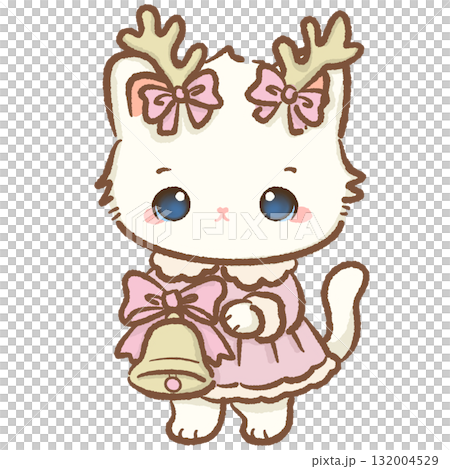 Adorable white cat wearing pink dress with antler headband and bows holding golden bell kawaii kitten coquette Christmas art cute winter festive holiday illustration 132004529