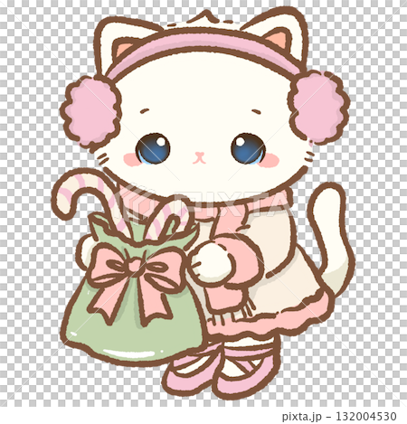Sweet white cat in pink earmuffs and scarf holding green gift bag with candy canes kawaii kitten winter holiday art coquette Christmas pastel illustration cozy charm 132004530
