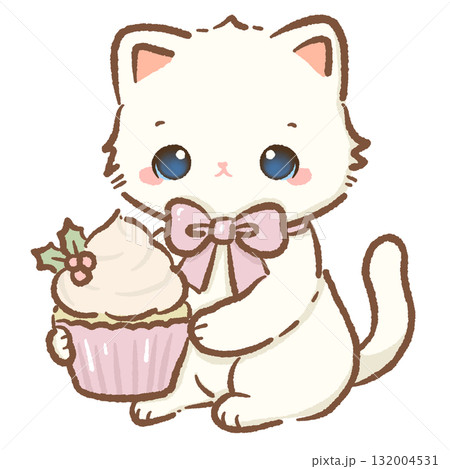 Cute white cat with big blue eyes holding Christmas cupcake with holly and pink bow kawaii kitten holiday dessert illustration pastel coquette Christmas art cozy festive winter design 132004531