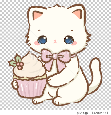Cute white cat with big blue eyes holding Christmas cupcake with holly and pink bow kawaii kitten holiday dessert illustration pastel coquette Christmas art cozy festive winter design 132004531