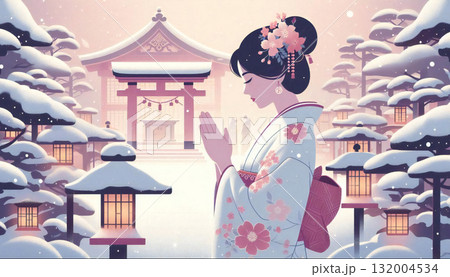 初詣の女性のイラスト 132004534