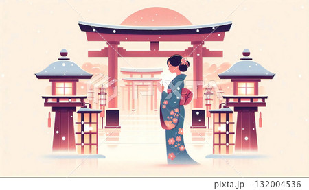 初詣の女性のイラスト 132004536