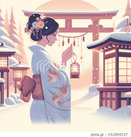 初詣の女性のイラスト 132004537