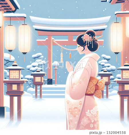 初詣の女性のイラスト 132004538