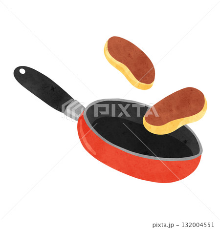 オレンジ色のフライパンとホットケーキ　水彩風手描きイラスト 132004551
