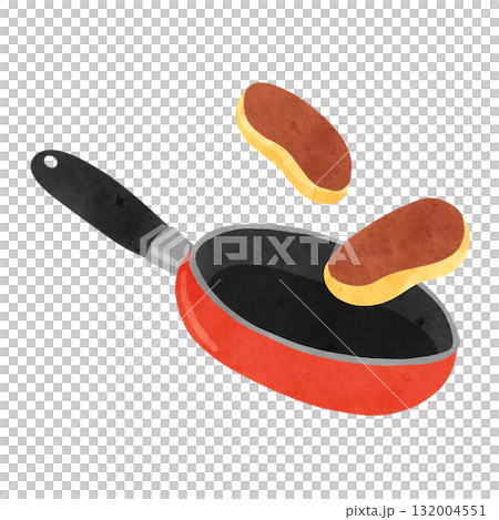 オレンジ色のフライパンとホットケーキ　水彩風手描きイラスト 132004551