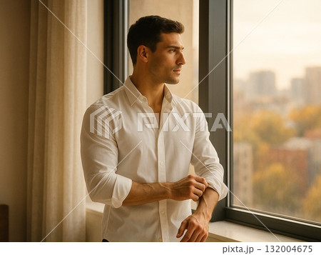 秋の朝にたたずむ洗練された男性美 秋の朝にたたずむ洗練された男性美 132004675